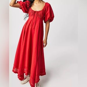 Free People ‘On My Level’ Red Cotton Ruffle Empire Waist Maxi Dress Size XS/S